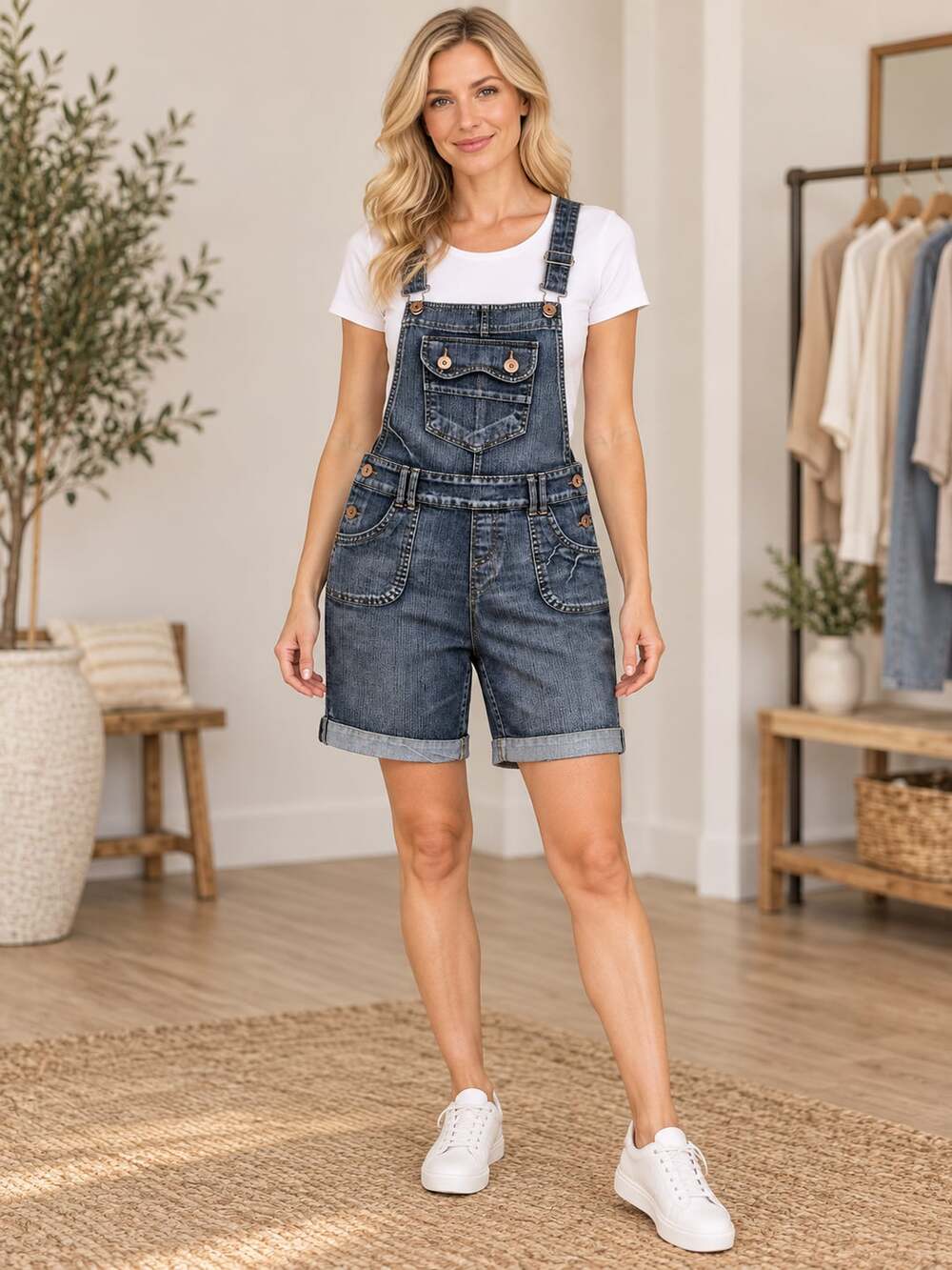 Cowden Jeans Denim Shortalls Overalls Shorts Blue Cuffed Adjustable Straps L